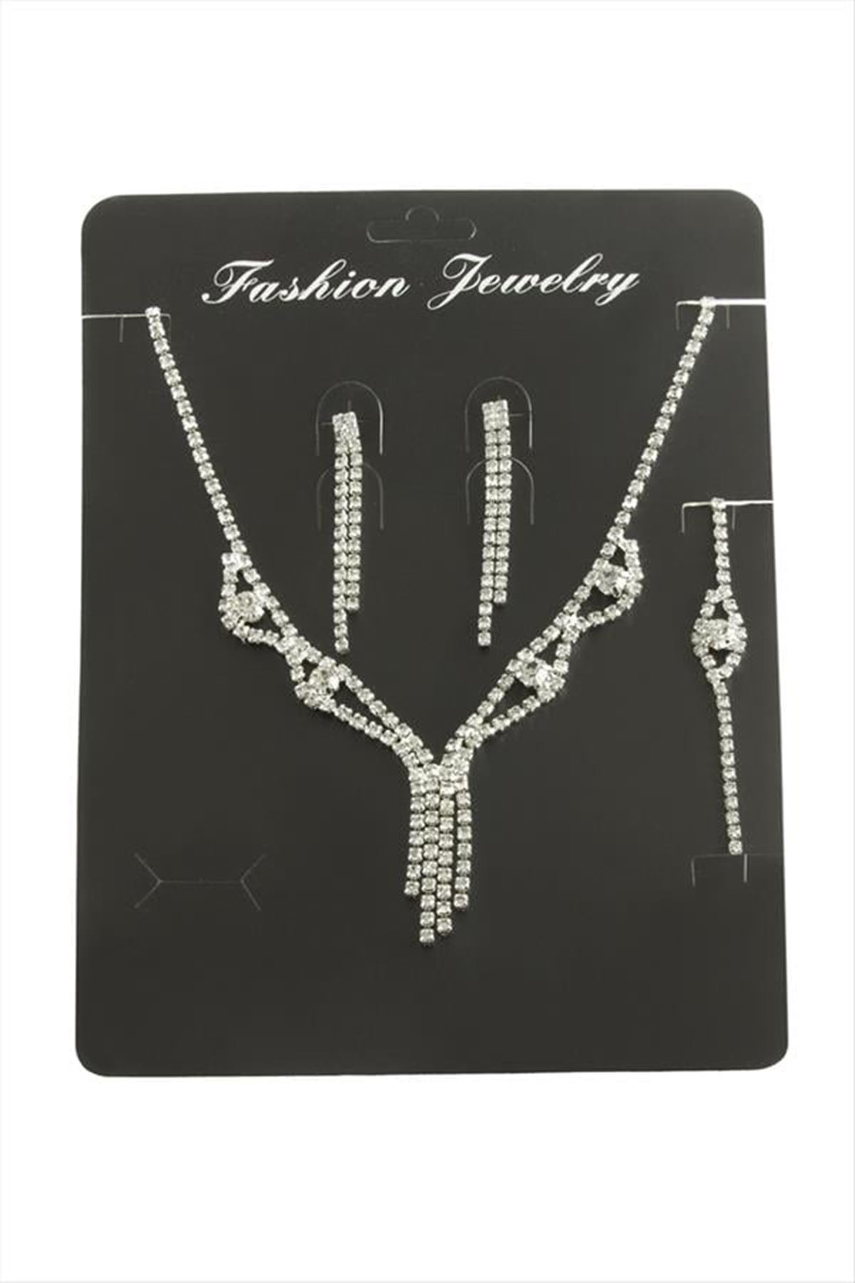Sallantılı Taşlı Set Kolye - Gümüş Rengi