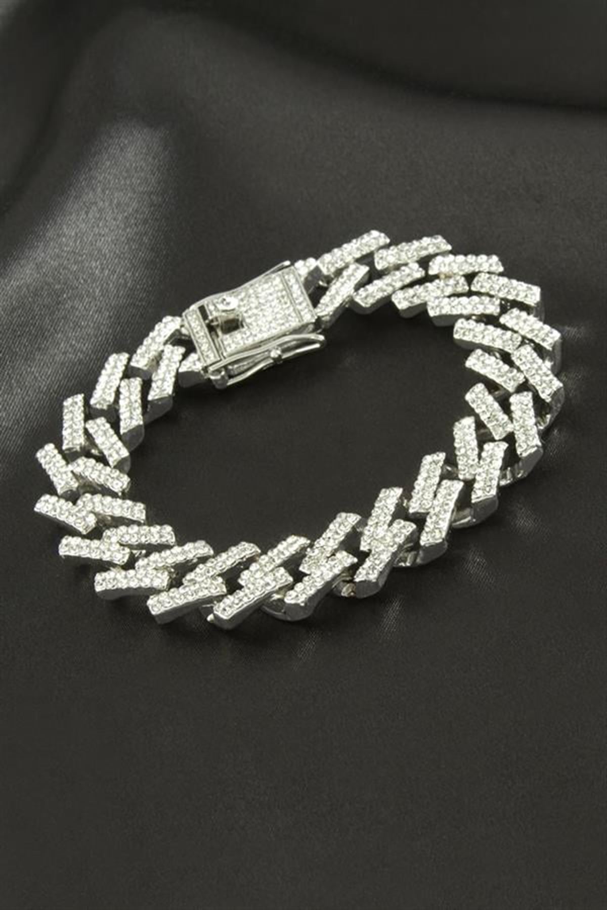 Chain Zikzak Zincir Zirkon Taşlı Lüks Çelik Bileklik - Gümüş Rengi
