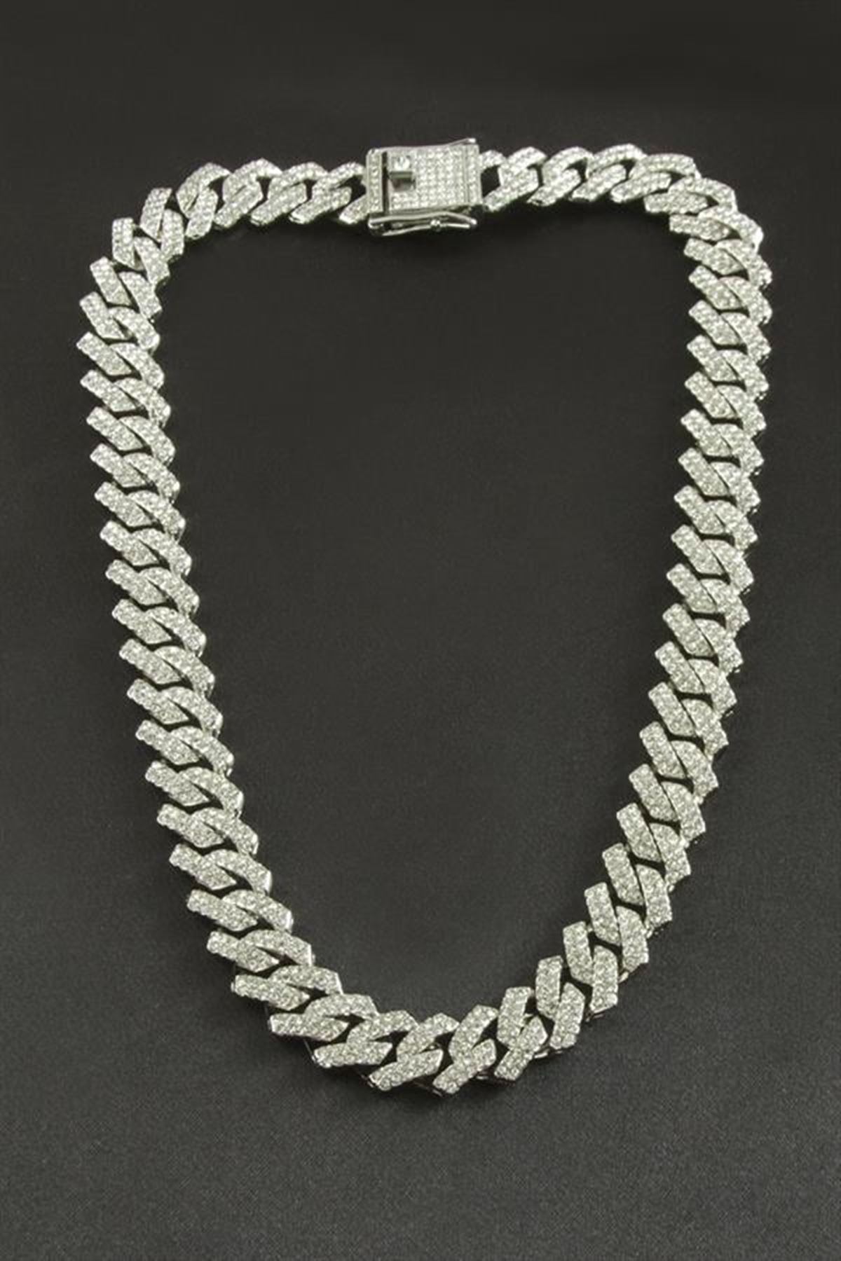 Chain Zikzak Zirkon Taşlı Lüks Çelik Kolye - Gümüş Rengi