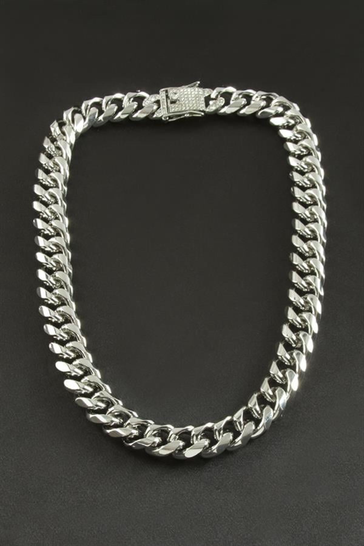 Chain Zirkon Taşlı Kalın Zincir Lüks Çelik Kolye - Gümüş Rengi