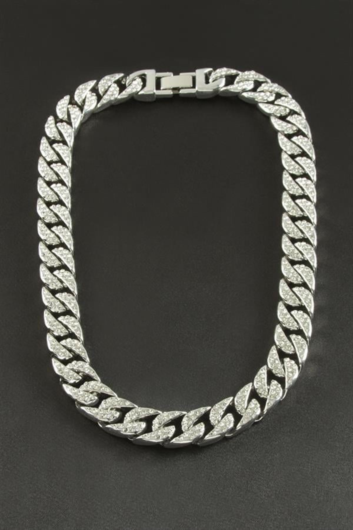 Chain Düz Zirkon Taşlı Lüks Çelik Kolye - Gümüş Rengi