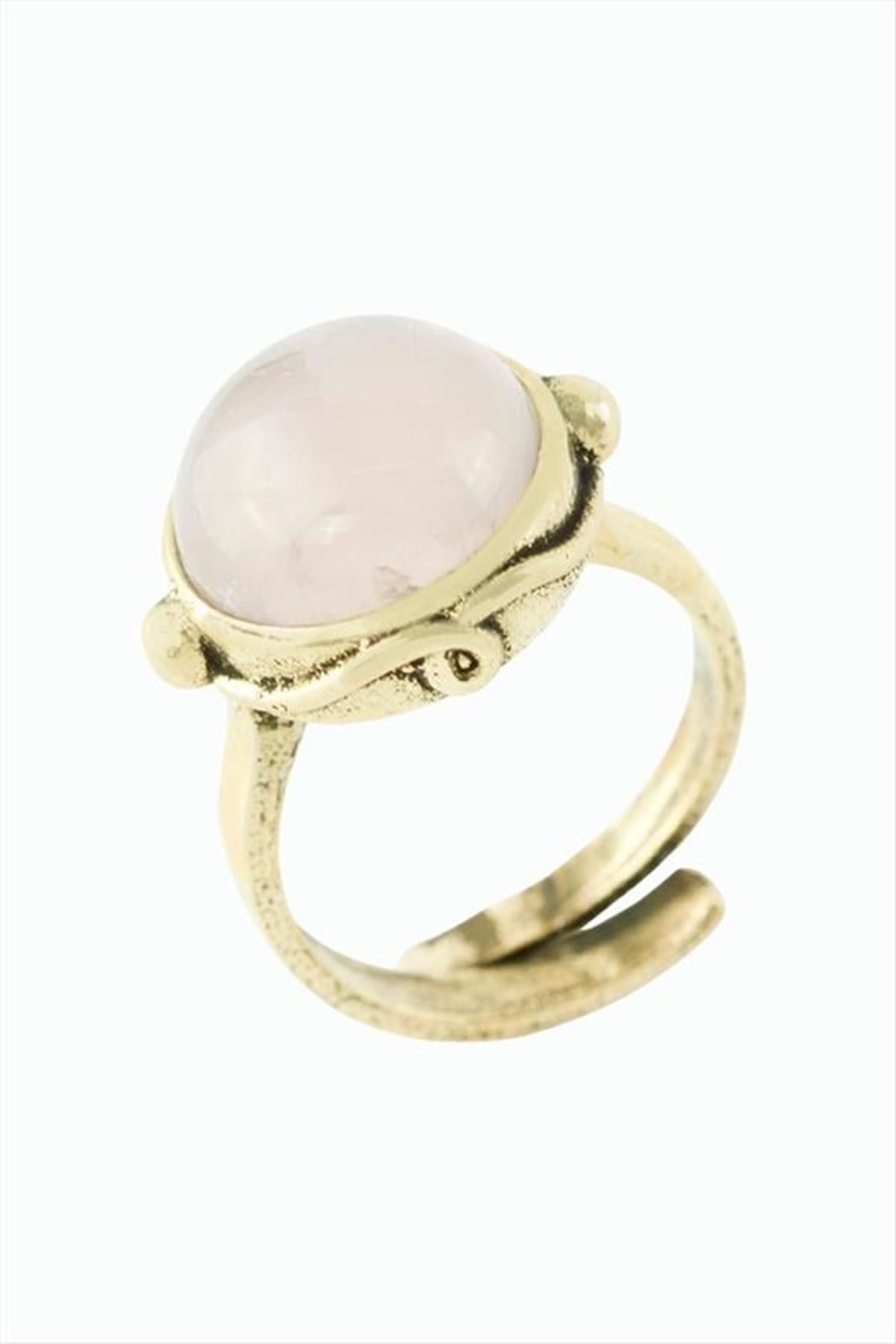 Yuvarlak Doğaltaşlı Otantik Yüzük - Pembe Kuvars