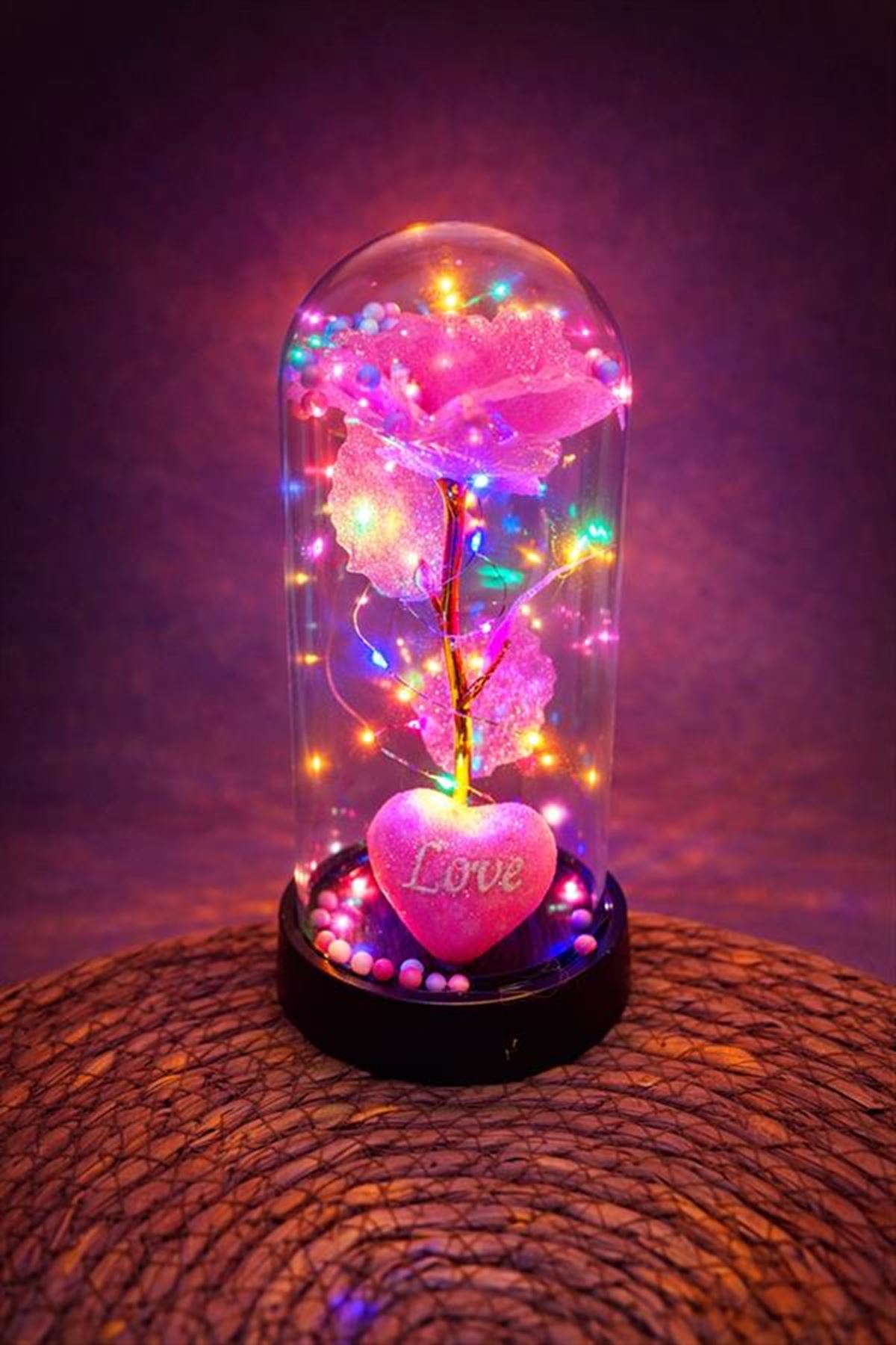 Gül Işıklı Led Fanus - Pembe