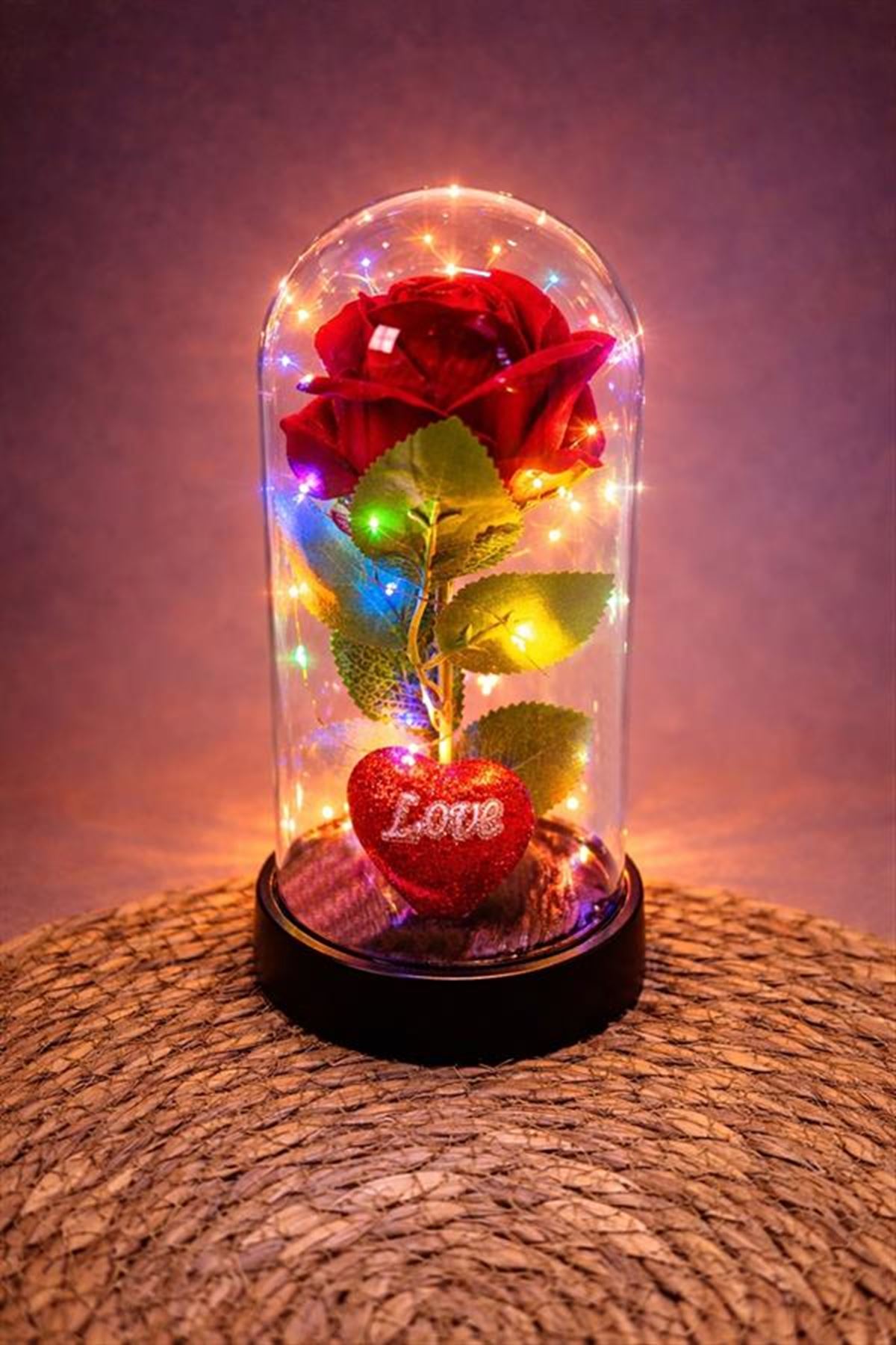 Gül Işıklı Led Fanus - Kırmızı