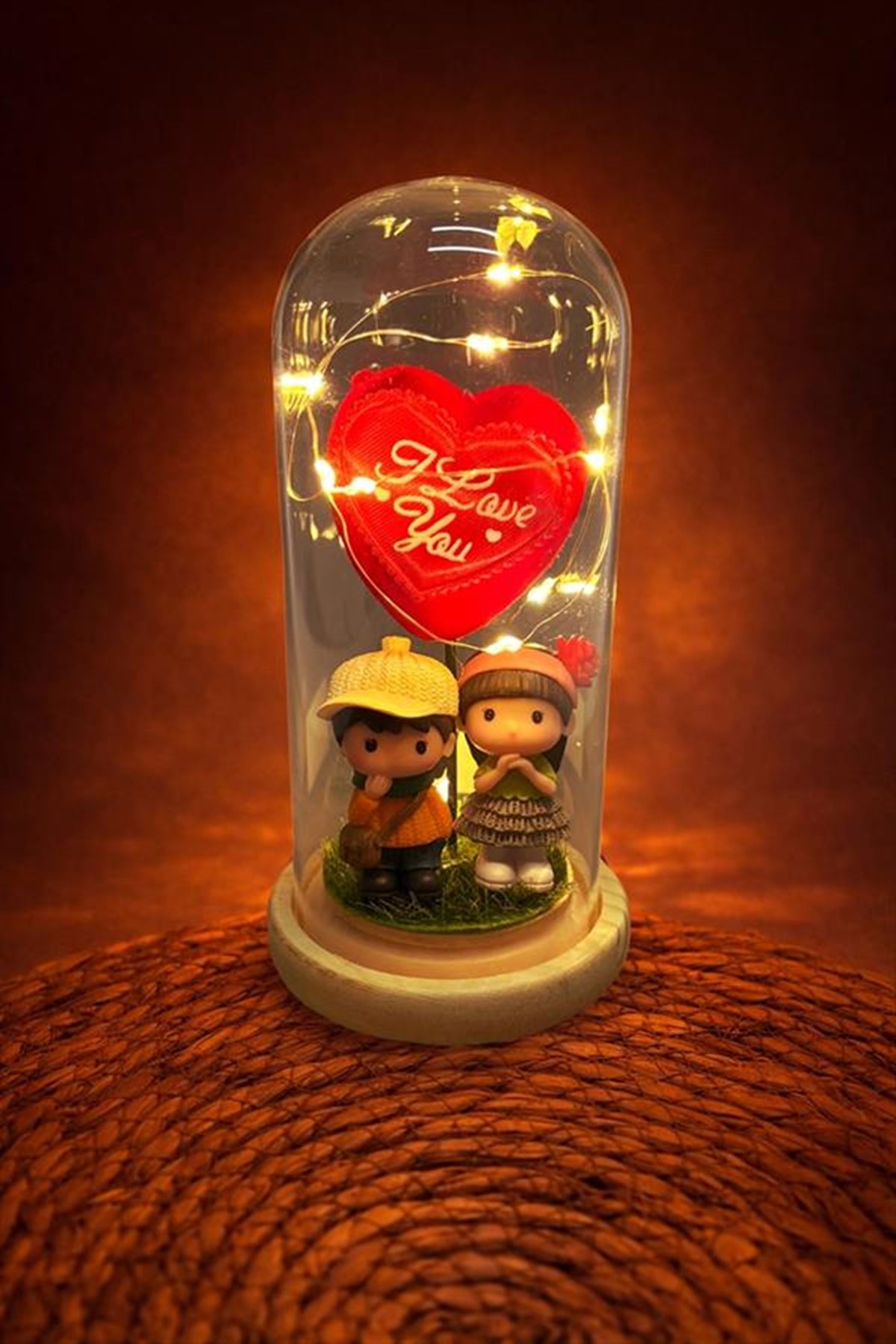 I Love You Yazılı Sevgili Çift Kalpli Işıklı Led Fanus - Kırmızı