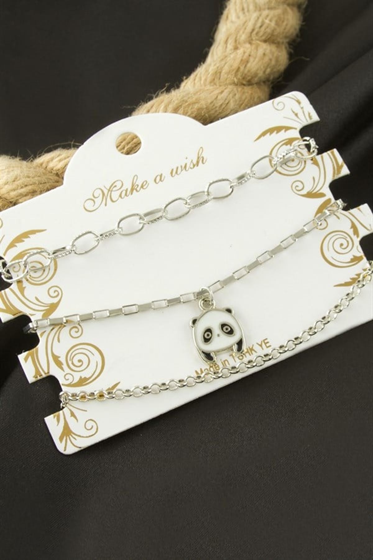 Panda Zincir Bileklik 3 Adet - Gümüş Rengi