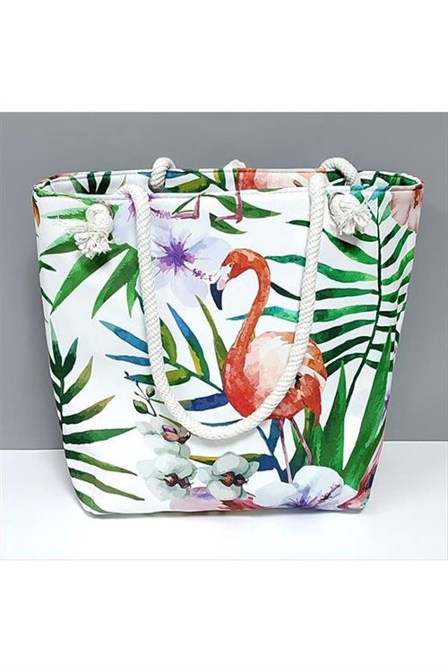 Flamingo Desenli Plaj Çantası - Yeşil