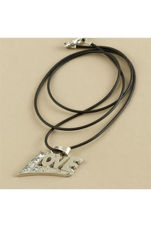 Love Yazılı Metal Vinlex Deri Kolye - Gümüş Rengi
