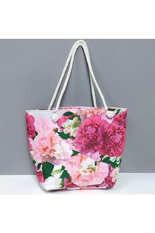 Gül Desenli Plaj Çantası - Pembe