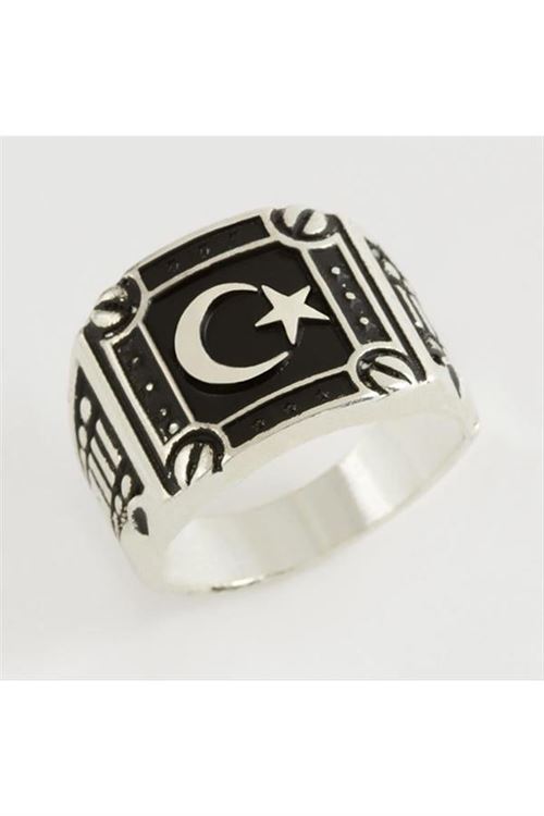 Ay Yıldız Metal Erkek Yüzük - Gümüş Rengi