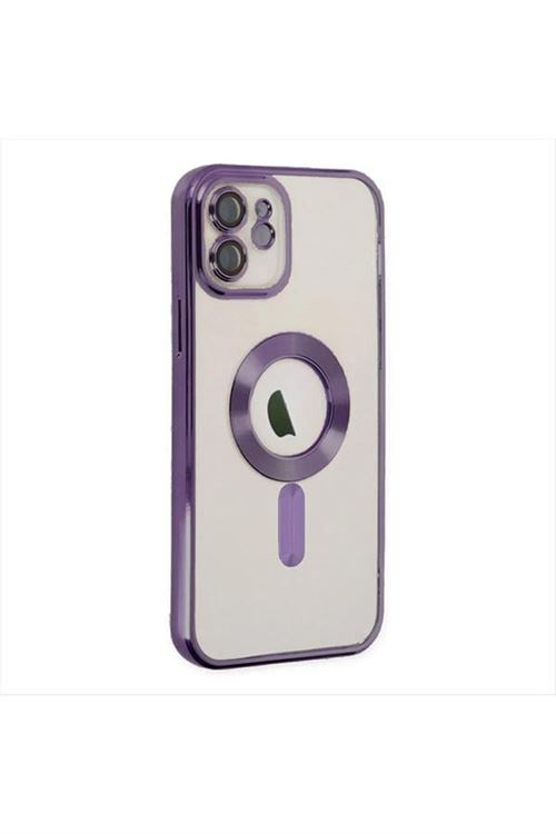 iPhone 12 Lüx Magsaff Lazer Silikon Kılıf (Kamera Korumalı) - Mor