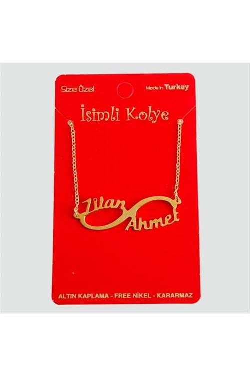 Kişiye Özel Sonsuzluk Çift İsim Yazılı Kolye - Sarı
