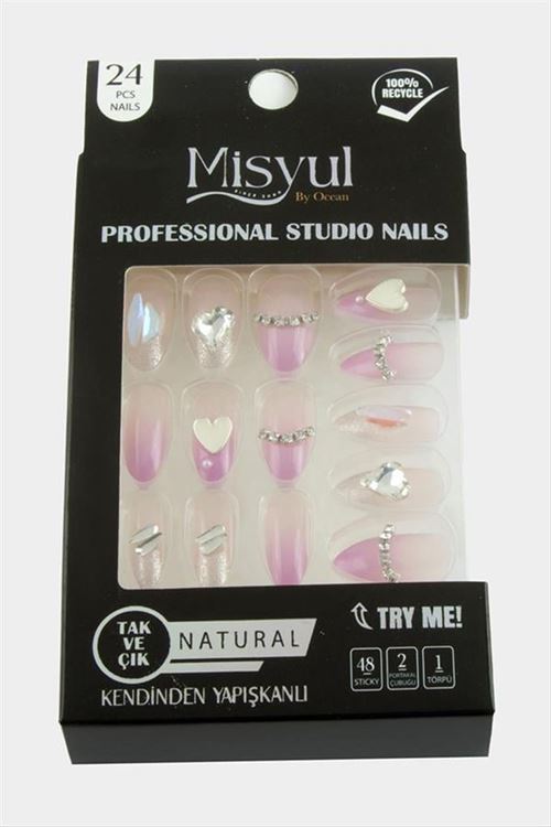 Misyul Taşlı Takma Tırnak 24 Adet - Pembe