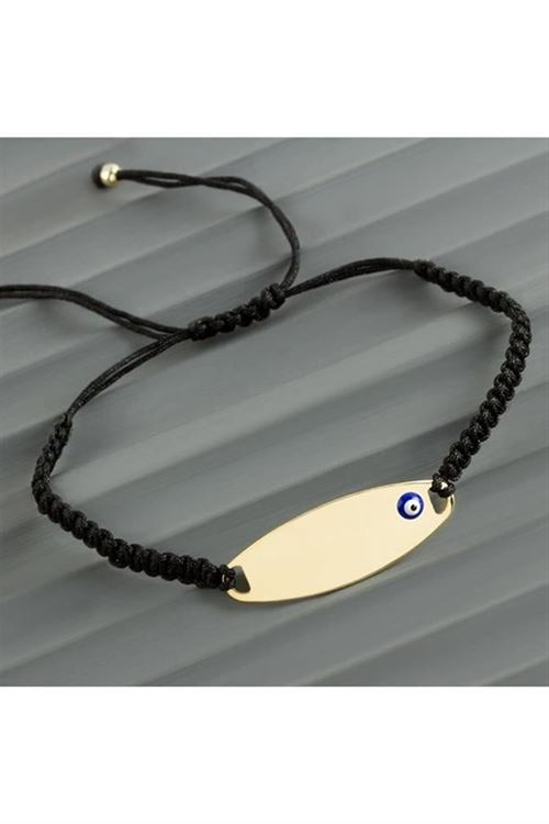 Oval İsim Yazılabilir Boş Plaka Örgülü Bileklik - Siyah