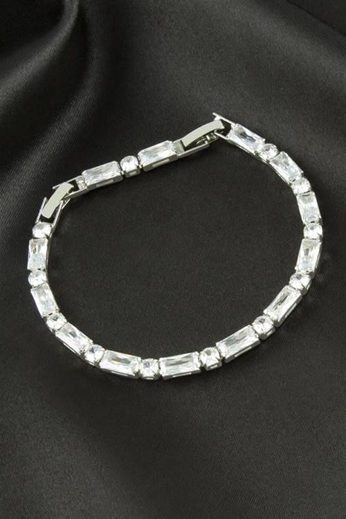 Dikdörtgen Zirkon Taşlı Lüks Kararmaz Bileklik 4*9 mm - Gümüş Rengi