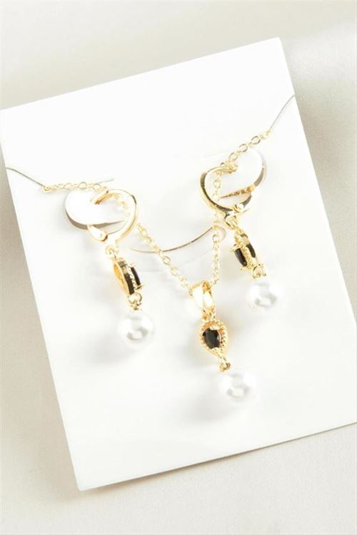 Damla İnci Zirkon Taşlı Set Kolye - Sarı