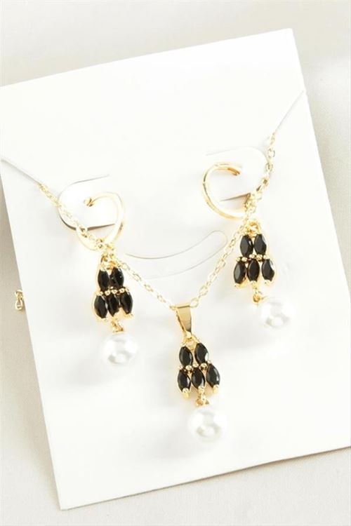 İnci Zirkon Taşlı Set Kolye - Sarı
