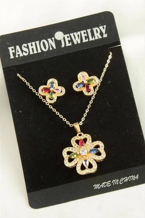 Çiçek  Zirkon Taşlı Set Kolye - Sarı
