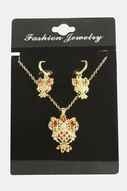 Baykuş Zirkon Taşlı Set Kolye - Kırmızı