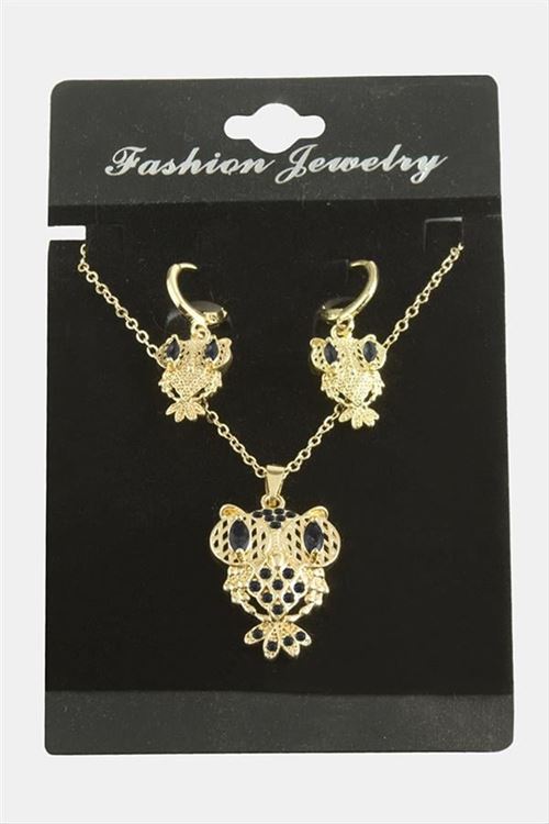 Baykuş Zirkon Taşlı Set Kolye - Siyah