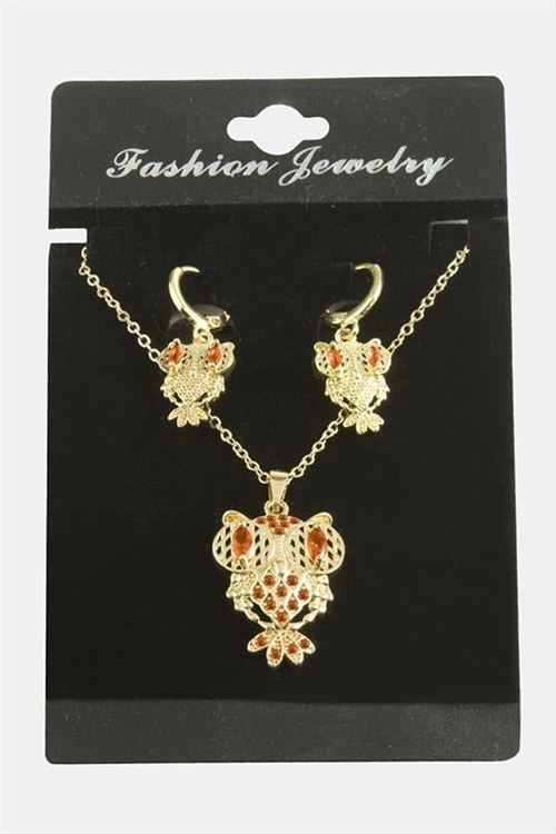 Baykuş Zirkon Taşlı Set Kolye - Yeşil