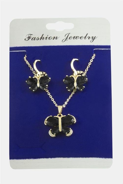 Kelebek Zirkon Taşlı Set Kolye - Siyah