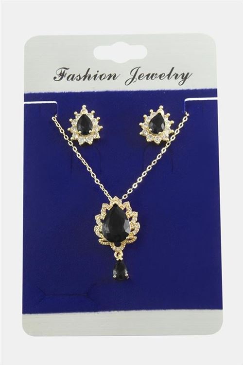 Oval Zirkon Taşlı Set Kolye - Siyah