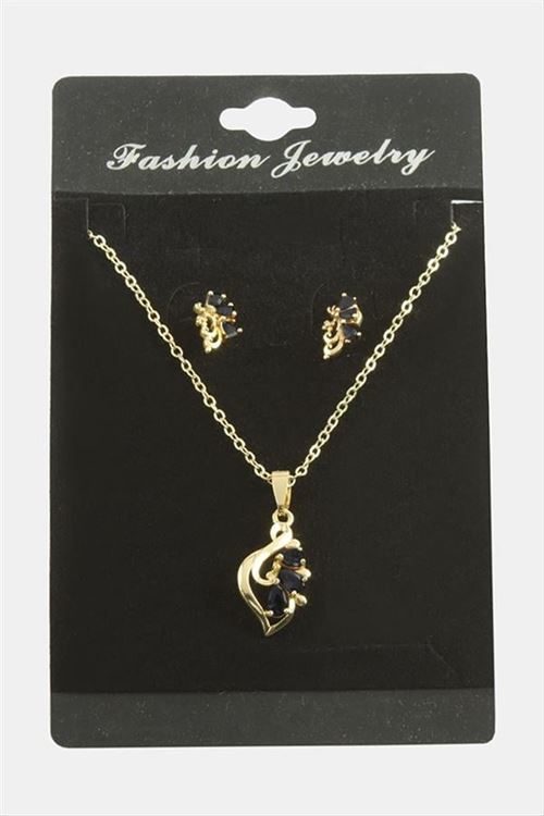 Çiçek Zirkon Taşlı Set Kolye - Siyah