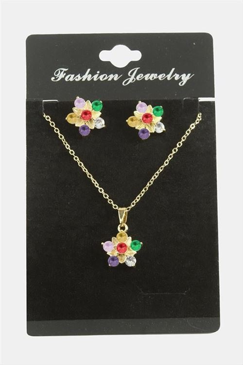 Çiçek Zirkon Taşlı Set Kolye - Karışık Renk 1