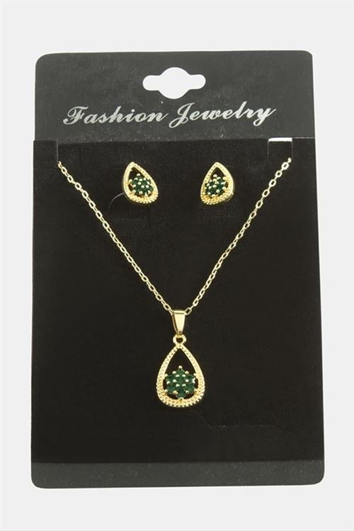 Oval Kartanesi Zirkon Taşlı Set Kolye - Yeşil