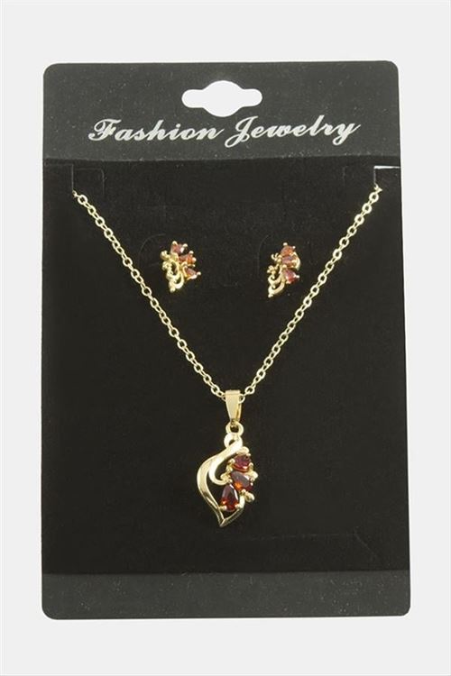 Çiçek Zirkon Taşlı Set Kolye - Kırmızı