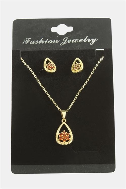 Oval Kartanesi Zirkon Taşlı Set Kolye - Kırmızı