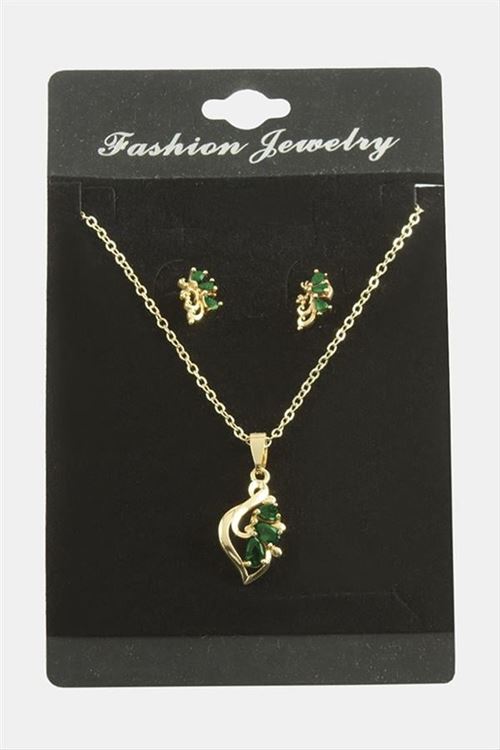 Çiçek Zirkon Taşlı Set Kolye - Yeşil