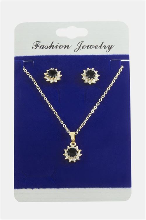 Çiçek Zirkon Taşlı Set Kolye - Siyah