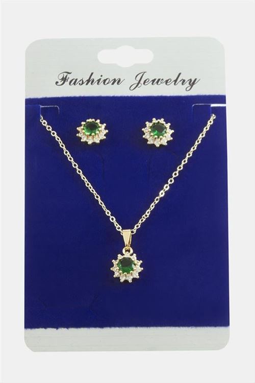 Çiçek Zirkon Taşlı Set Kolye - Yeşil