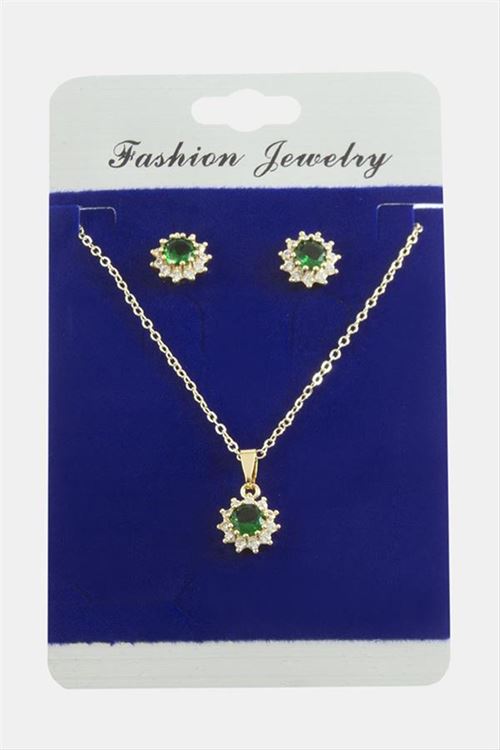 Çiçek Zirkon Taşlı Set Kolye - Yeşil
