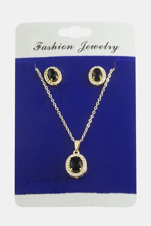 Oval Zirkon Taşlı Set Kolye - Gümüş Rengi