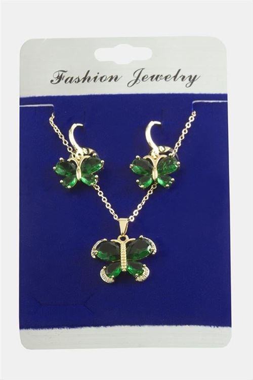 Kelebek Zirkon Taşlı Set Kolye - Yeşil