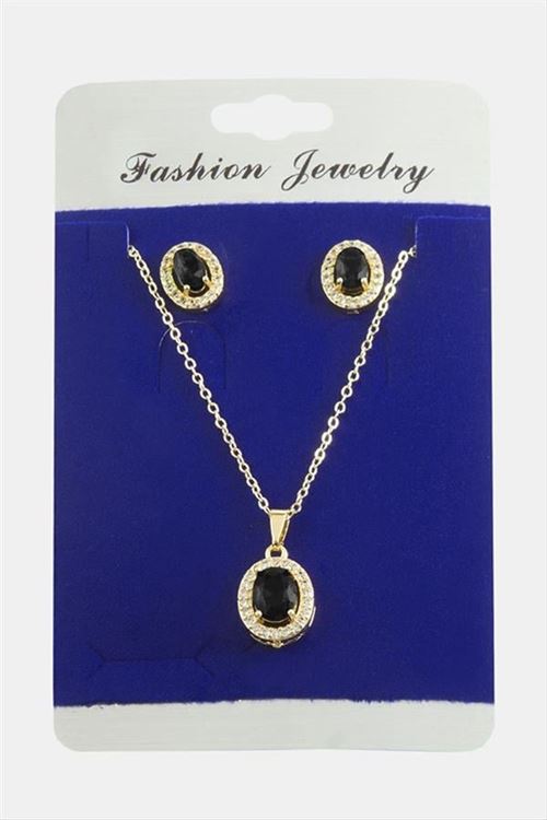 Oval Zirkon Taşlı Set Kolye - Yeşil