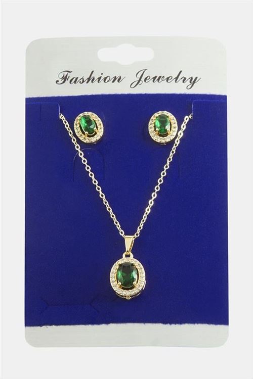 Oval Zirkon Taşlı Set Kolye - Yeşil