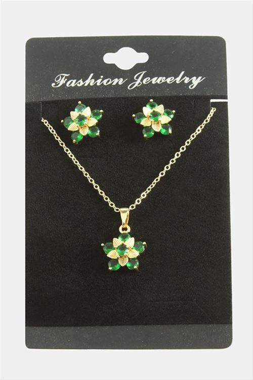 Çiçek Zirkon Taşlı Set Kolye - Yeşil