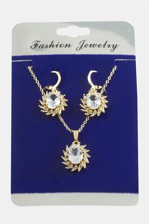 Rüzgar Gülü Zirkon Taşlı Set Kolye - Gümüş Rengi
