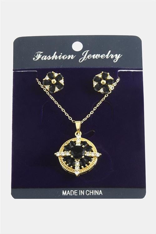 Çiçek Zirkon Taşlı Set Kolye - Siyah
