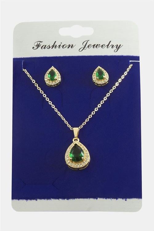 Damla Zirkon Taşlı Set Kolye - Yeşil