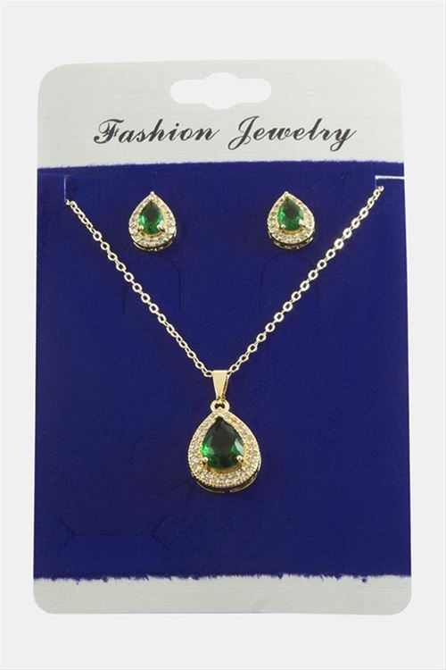 Damla Zirkon Taşlı Set Kolye - Yeşil