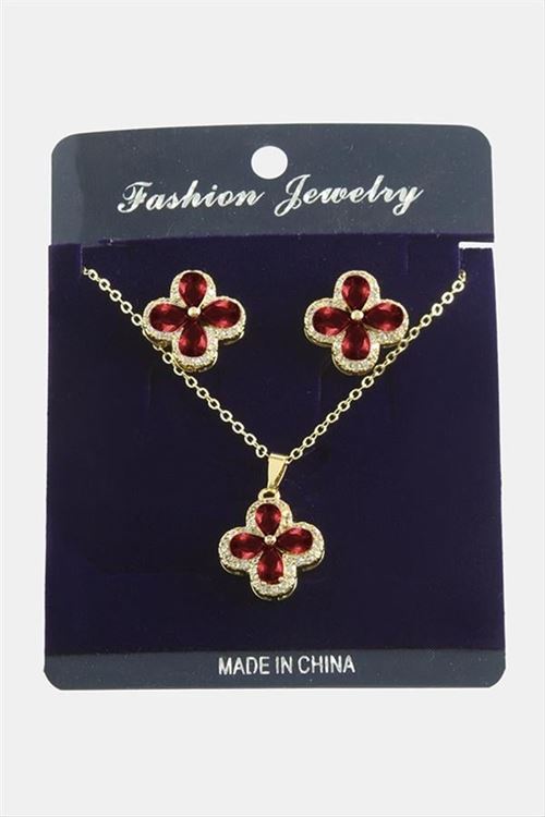 Çiçek Zirkon Taşlı Set Kolye - Kırmızı