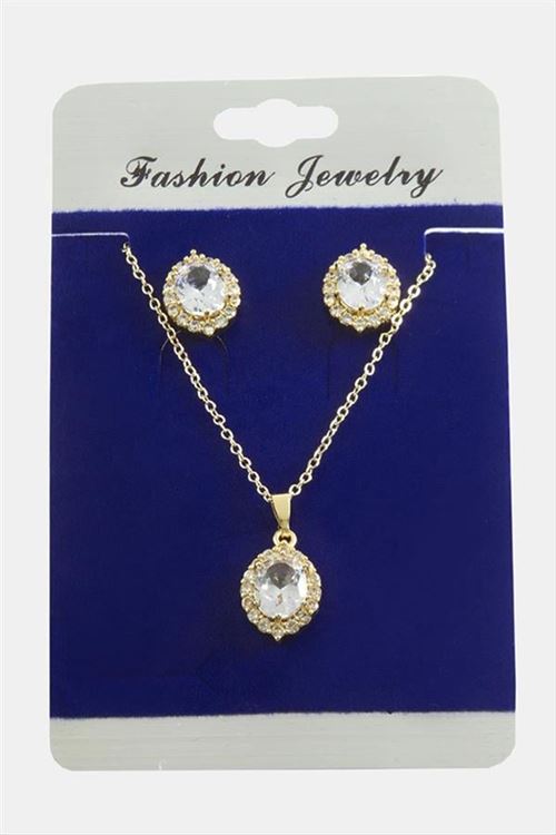 Oval Zirkon Taşlı Set Kolye - Gümüş Rengi