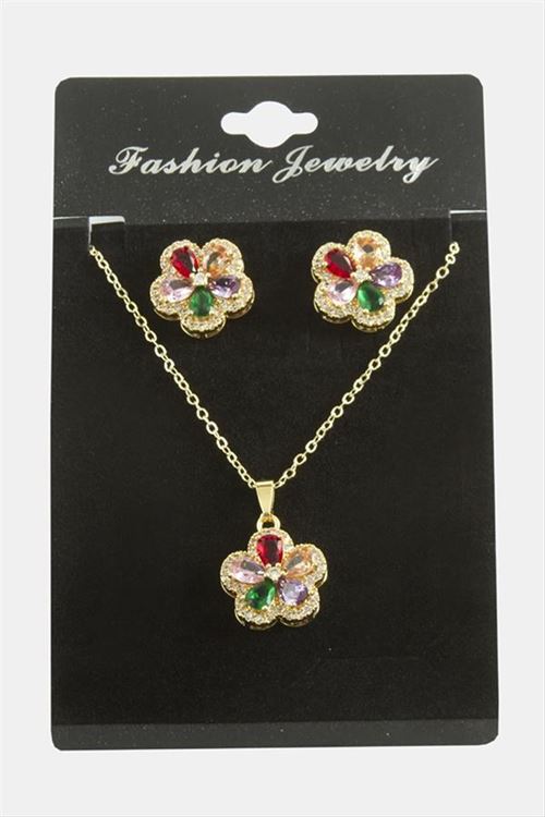 Çiçek Zirkon Taşlı Set Kolye - Karışık Renk 1