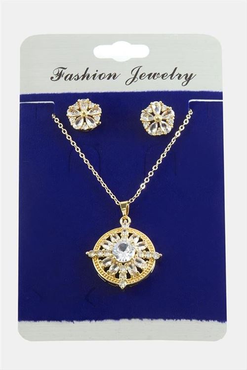 Çiçek Zirkon Taşlı Set Kolye - Gümüş Rengi