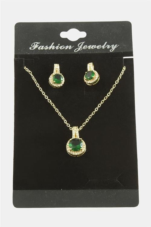 Yuvarlak Zirkon Taşlı Set Kolye - Yeşil